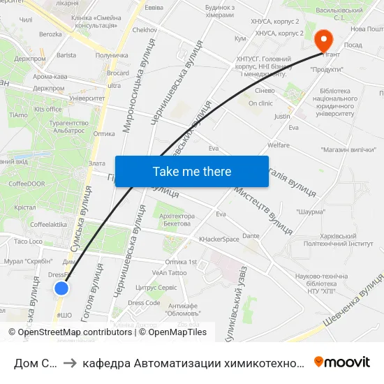Дом Саламандра to кафедра Автоматизации химикотехнологических систем и экологического мониторинга map