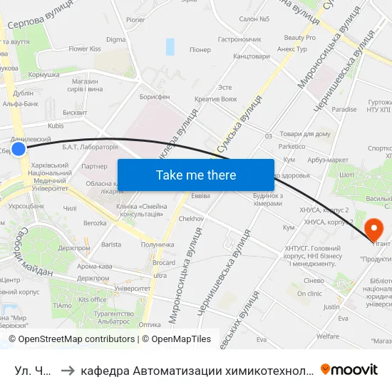 Ул. Чичибабина to кафедра Автоматизации химикотехнологических систем и экологического мониторинга map