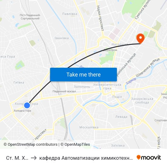 Ст. М. Холодная Гора to кафедра Автоматизации химикотехнологических систем и экологического мониторинга map