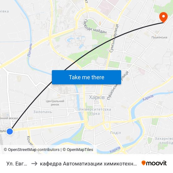 Ул. Евгения Котляра to кафедра Автоматизации химикотехнологических систем и экологического мониторинга map