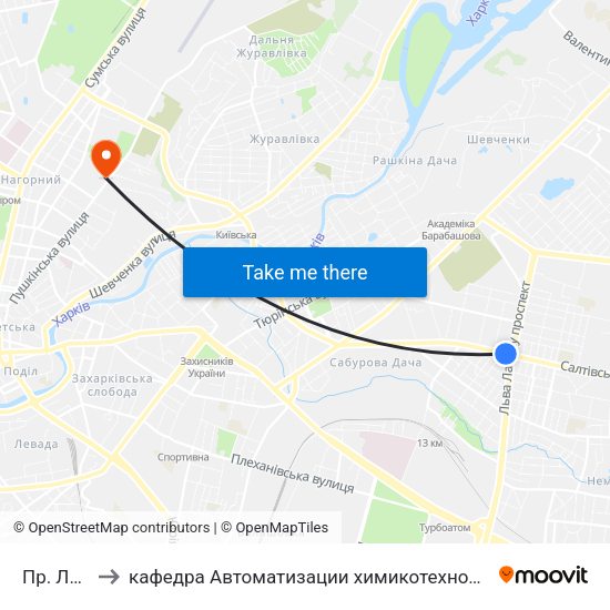 Пр. Льва Ландау to кафедра Автоматизации химикотехнологических систем и экологического мониторинга map