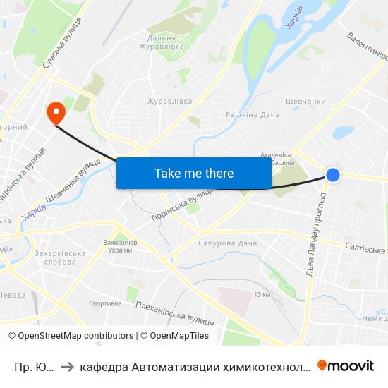 Пр. Юбилейный to кафедра Автоматизации химикотехнологических систем и экологического мониторинга map