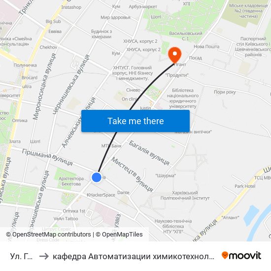 Ул. Гиршмана to кафедра Автоматизации химикотехнологических систем и экологического мониторинга map