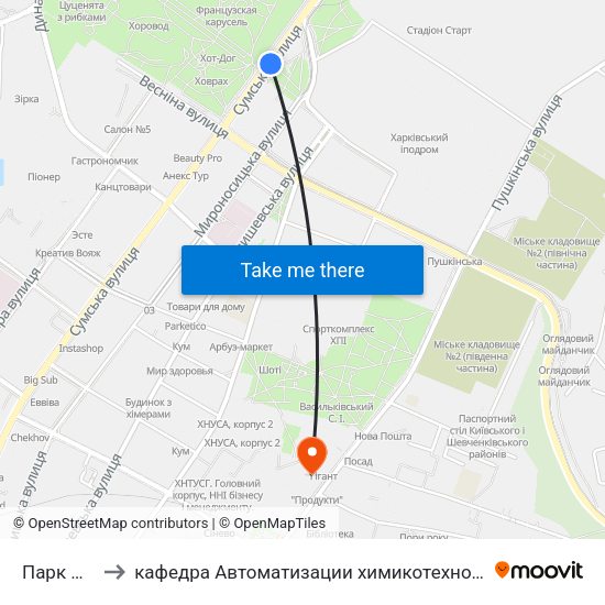 Парк Им. Горького to кафедра Автоматизации химикотехнологических систем и экологического мониторинга map