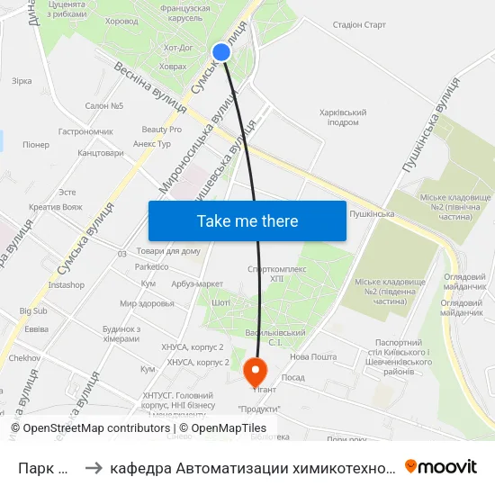 Парк Им. Горького to кафедра Автоматизации химикотехнологических систем и экологического мониторинга map