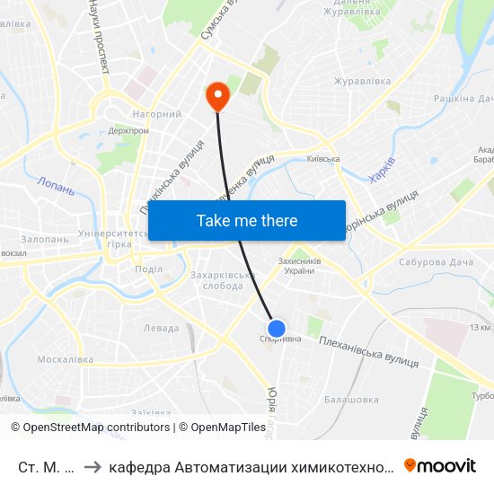 Ст. М. Спортивная to кафедра Автоматизации химикотехнологических систем и экологического мониторинга map