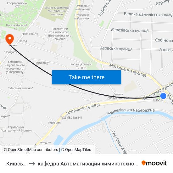 Київська (Kyivska) to кафедра Автоматизации химикотехнологических систем и экологического мониторинга map