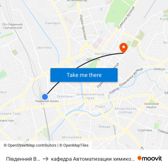 Південний Вокзал (Pivdennyi Vokzal) to кафедра Автоматизации химикотехнологических систем и экологического мониторинга map