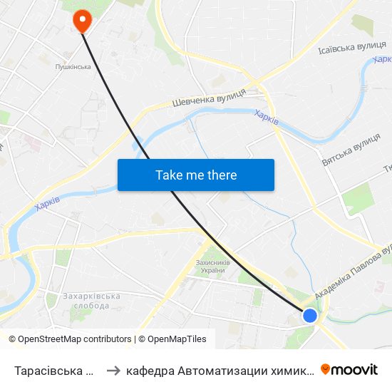 Тарасівська Вулиця (Тарасовская Улица) to кафедра Автоматизации химикотехнологических систем и экологического мониторинга map