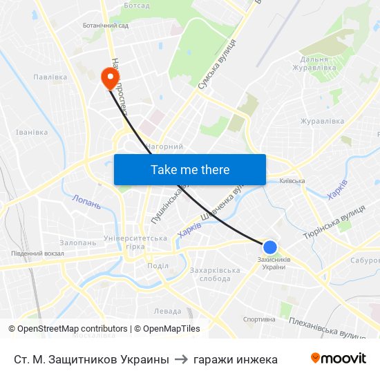 Ст. М. Защитников Украины to гаражи инжека map