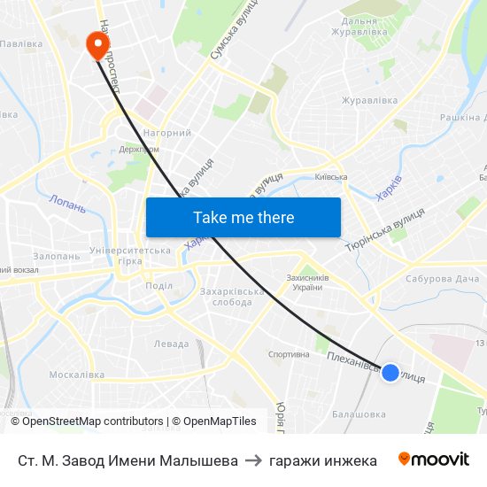 Ст. М. Завод Имени Малышева to гаражи инжека map