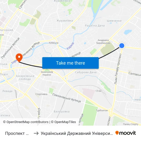 Проспект Льва Ландау to Український Державний Університет Залізничного Транспорту map