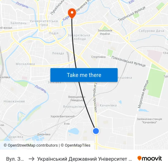 Вул. Зернова to Український Державний Університет Залізничного Транспорту map