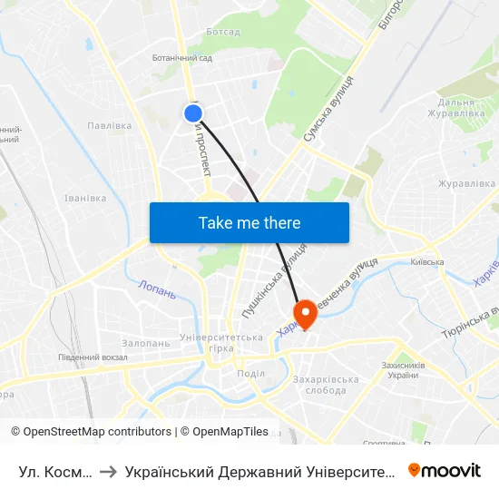 Ул. Космическая to Український Державний Університет Залізничного Транспорту map