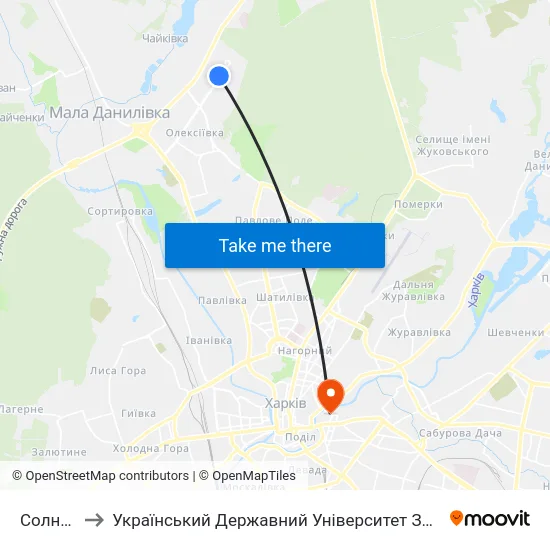 Солнечная to Український Державний Університет Залізничного Транспорту map