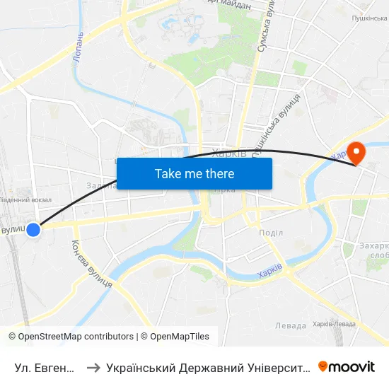 Ул. Евгения Котляра to Український Державний Університет Залізничного Транспорту map