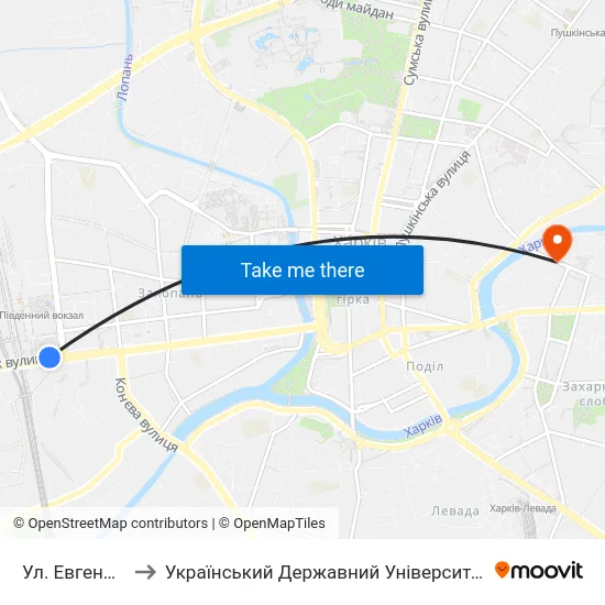 Ул. Евгения Котляра to Український Державний Університет Залізничного Транспорту map