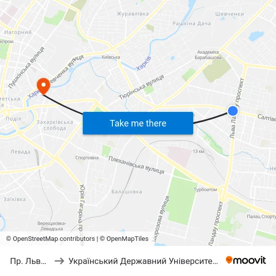 Пр. Льва Ландау to Український Державний Університет Залізничного Транспорту map