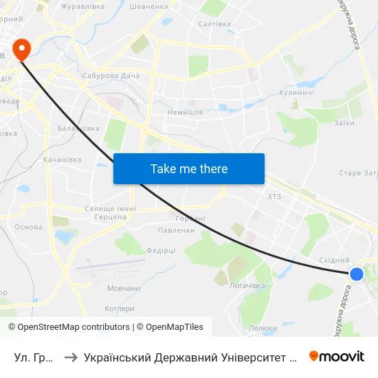 Ул. Грицевца to Український Державний Університет Залізничного Транспорту map