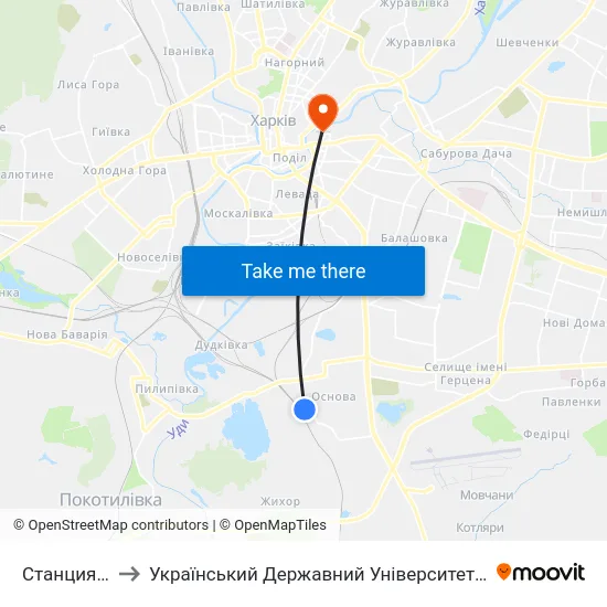 Станция Основа to Український Державний Університет Залізничного Транспорту map