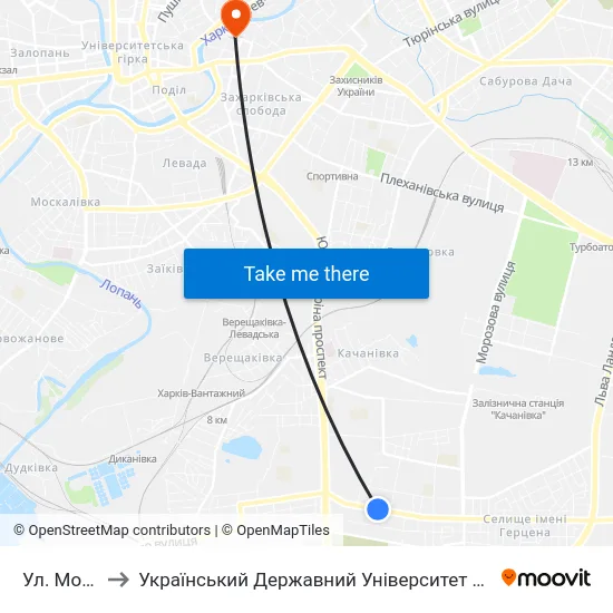 Ул. Монюшко to Український Державний Університет Залізничного Транспорту map