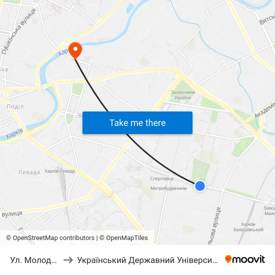 Ул. Молодой Гвардии to Український Державний Університет Залізничного Транспорту map
