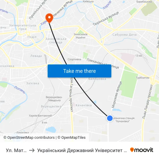 Ул. Матросова to Український Державний Університет Залізничного Транспорту map