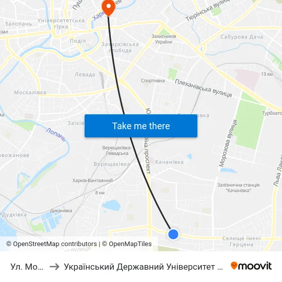 Ул. Монюшко to Український Державний Університет Залізничного Транспорту map