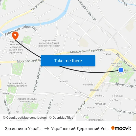 Захисників України (Zachysnykiv Ukrainy) to Український Державний Університет Залізничного Транспорту map