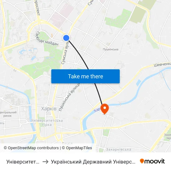 Університет (Universytet) to Український Державний Університет Залізничного Транспорту map