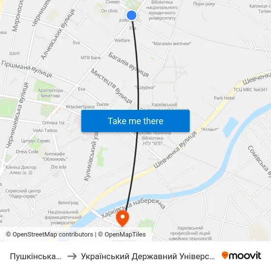 Пушкінська (Pushkinska) to Український Державний Університет Залізничного Транспорту map