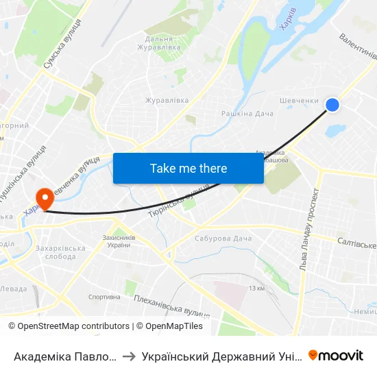 Академіка Павлова (Akademika Pavlova) to Український Державний Університет Залізничного Транспорту map