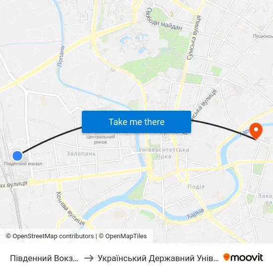 Південний Вокзал (Pivdennyi Vokzal) to Український Державний Університет Залізничного Транспорту map