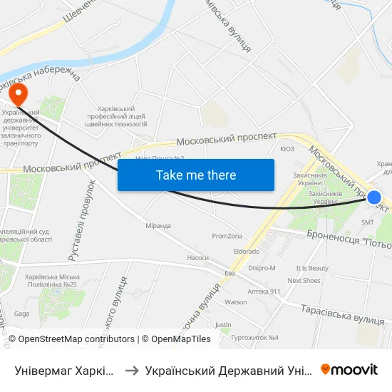 Універмаг Харків (Универмаг Харьков) to Український Державний Університет Залізничного Транспорту map
