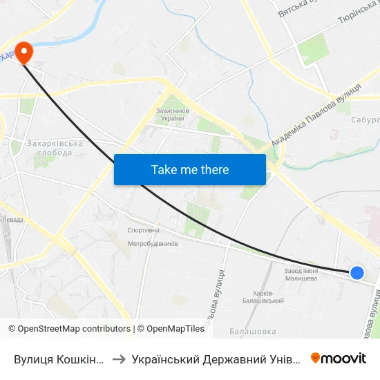 Вулиця Кошкіна (Улица Кошкина) to Український Державний Університет Залізничного Транспорту map