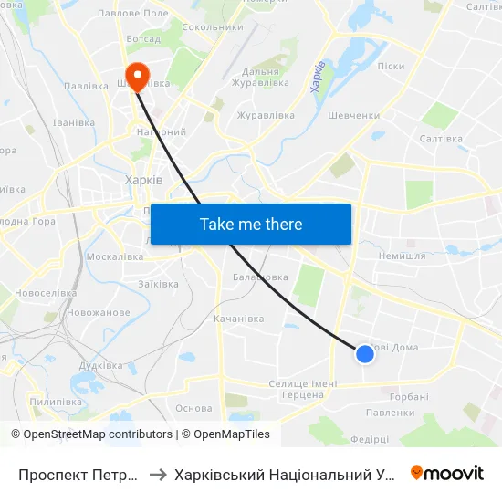 Проспект Петра Григоренка, 11 to Харківський Національний Університет Радіоелектроніки map