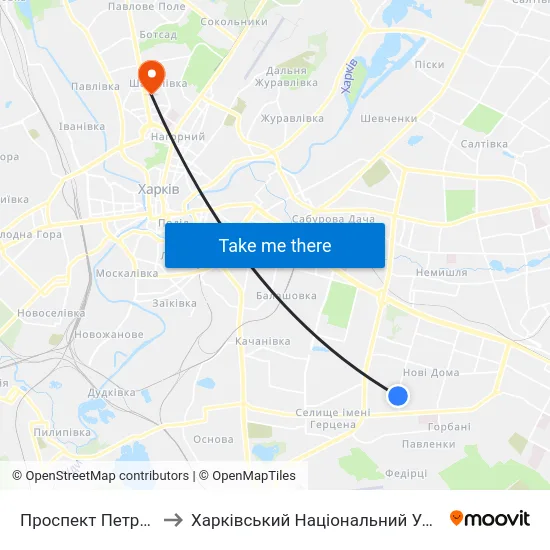 Проспект Петра Григоренка, 14 to Харківський Національний Університет Радіоелектроніки map