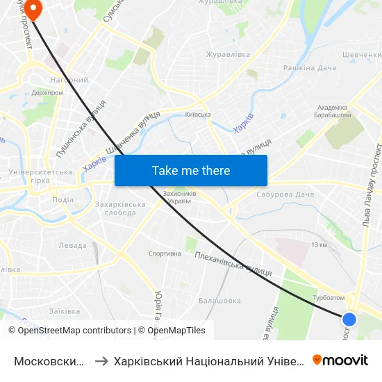 Московский Проспект to Харківський Національний Університет Радіоелектроніки map