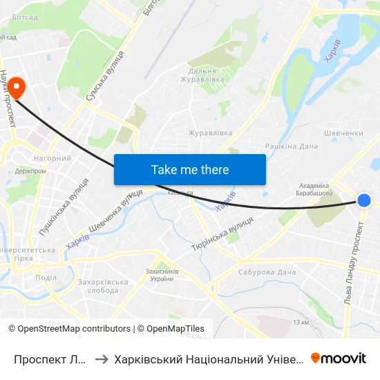 Проспект Льва Ландау to Харківський Національний Університет Радіоелектроніки map