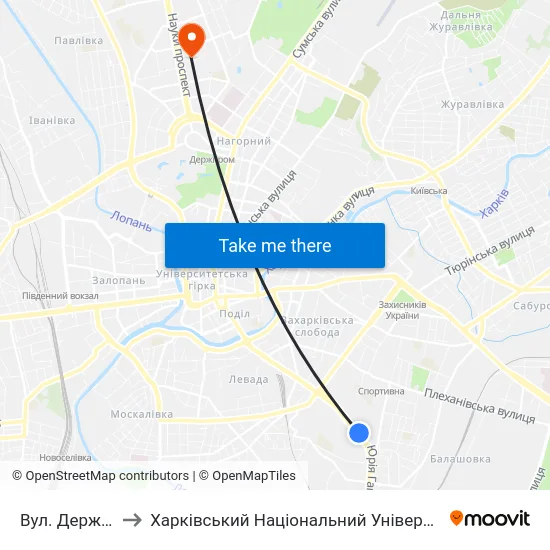 Вул. Державінська to Харківський Національний Університет Радіоелектроніки map