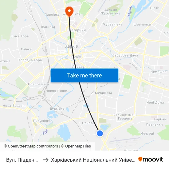Вул. Пiвденнопроектна to Харківський Національний Університет Радіоелектроніки map