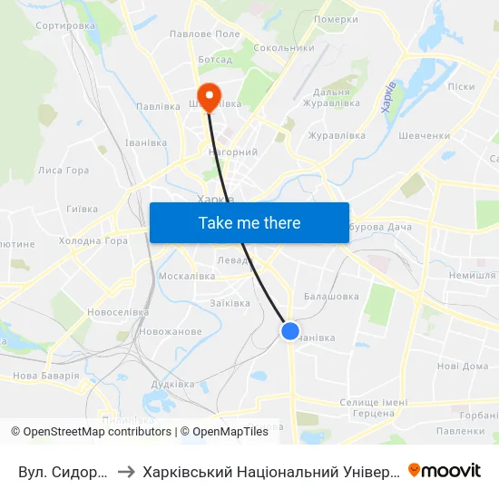 Вул. Сидоренкiвська to Харківський Національний Університет Радіоелектроніки map