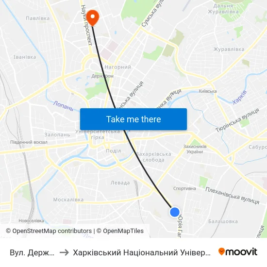 Вул. Державінська to Харківський Національний Університет Радіоелектроніки map
