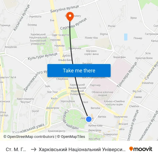 Ст. М. Госпром to Харківський Національний Університет Радіоелектроніки map