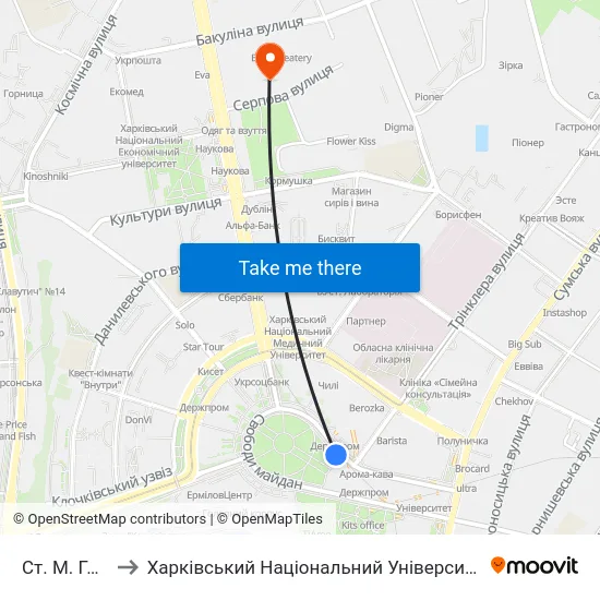 Ст. М. Госпром to Харківський Національний Університет Радіоелектроніки map