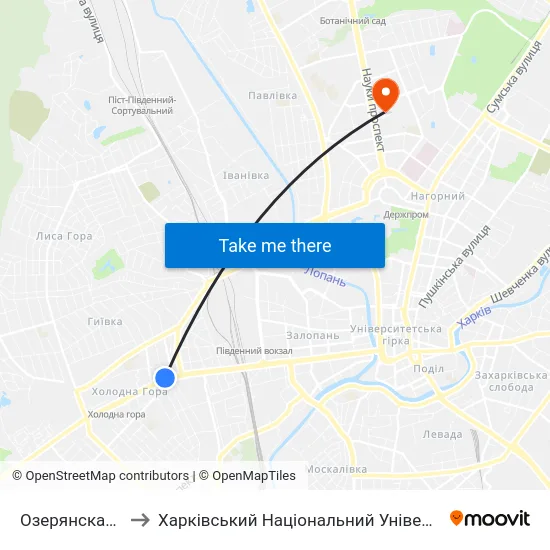 Озерянская Церковь to Харківський Національний Університет Радіоелектроніки map