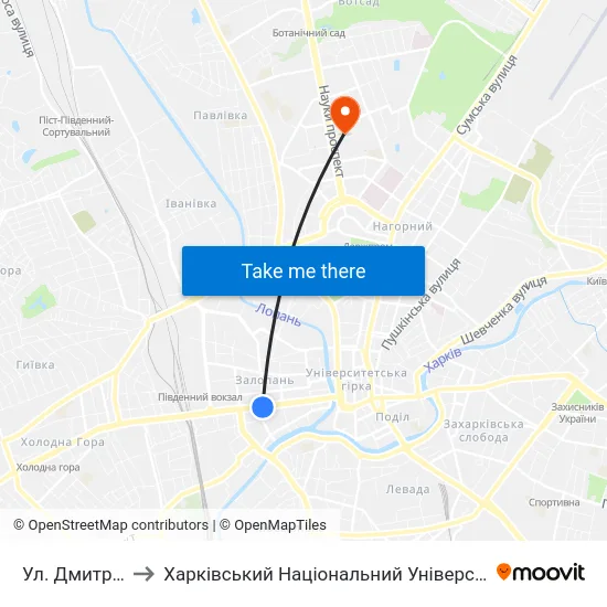 Ул. Дмитриевская to Харківський Національний Університет Радіоелектроніки map