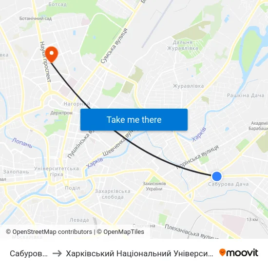 Сабурова Дача to Харківський Національний Університет Радіоелектроніки map