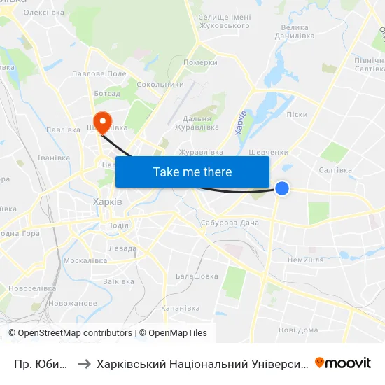 Пр. Юбилейный to Харківський Національний Університет Радіоелектроніки map