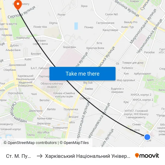 Ст. М. Пушкинская to Харківський Національний Університет Радіоелектроніки map